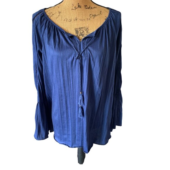 🍒 2/$20 🍒 Navy Blue Long Bell Sleeve French Laundry Tassel Tie Front Blouse M - Picture 1 of 6